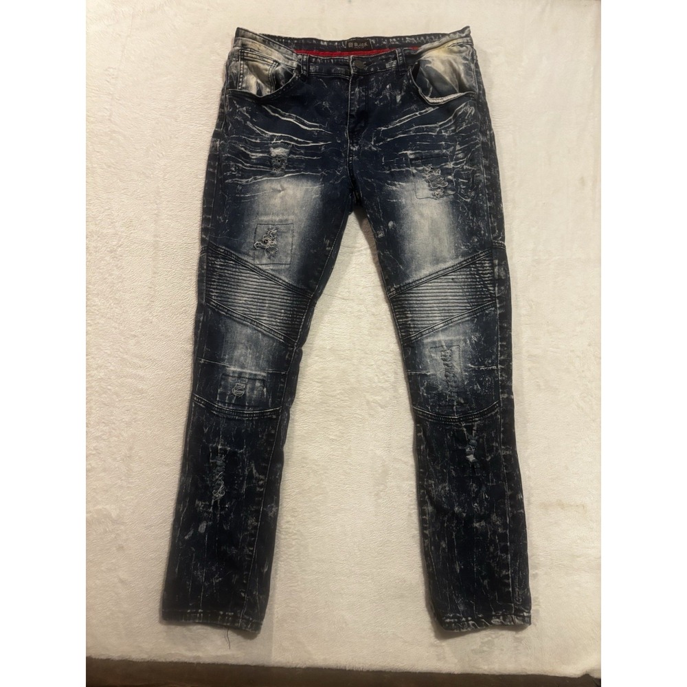 Black Premium Mens Jeans 36x32 Y2K Blue Stretch Distress Biker Moto Grunge